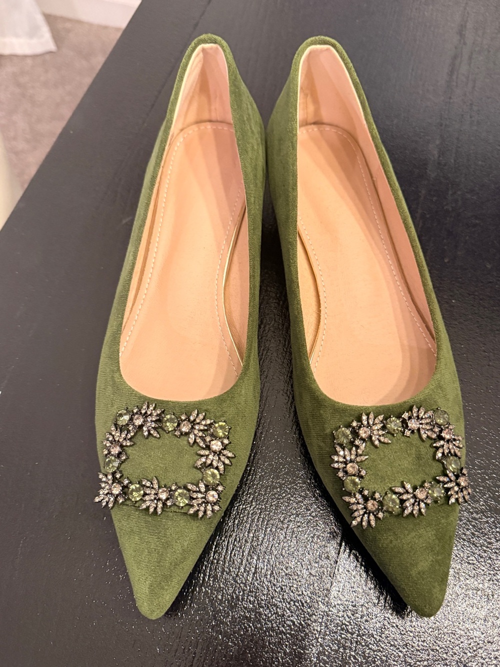 Green Suede Pointed Toe Flats with Crystal Buckle